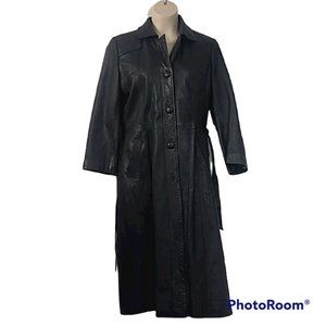 Algan black long leather, woman trench coat, sz. Sm